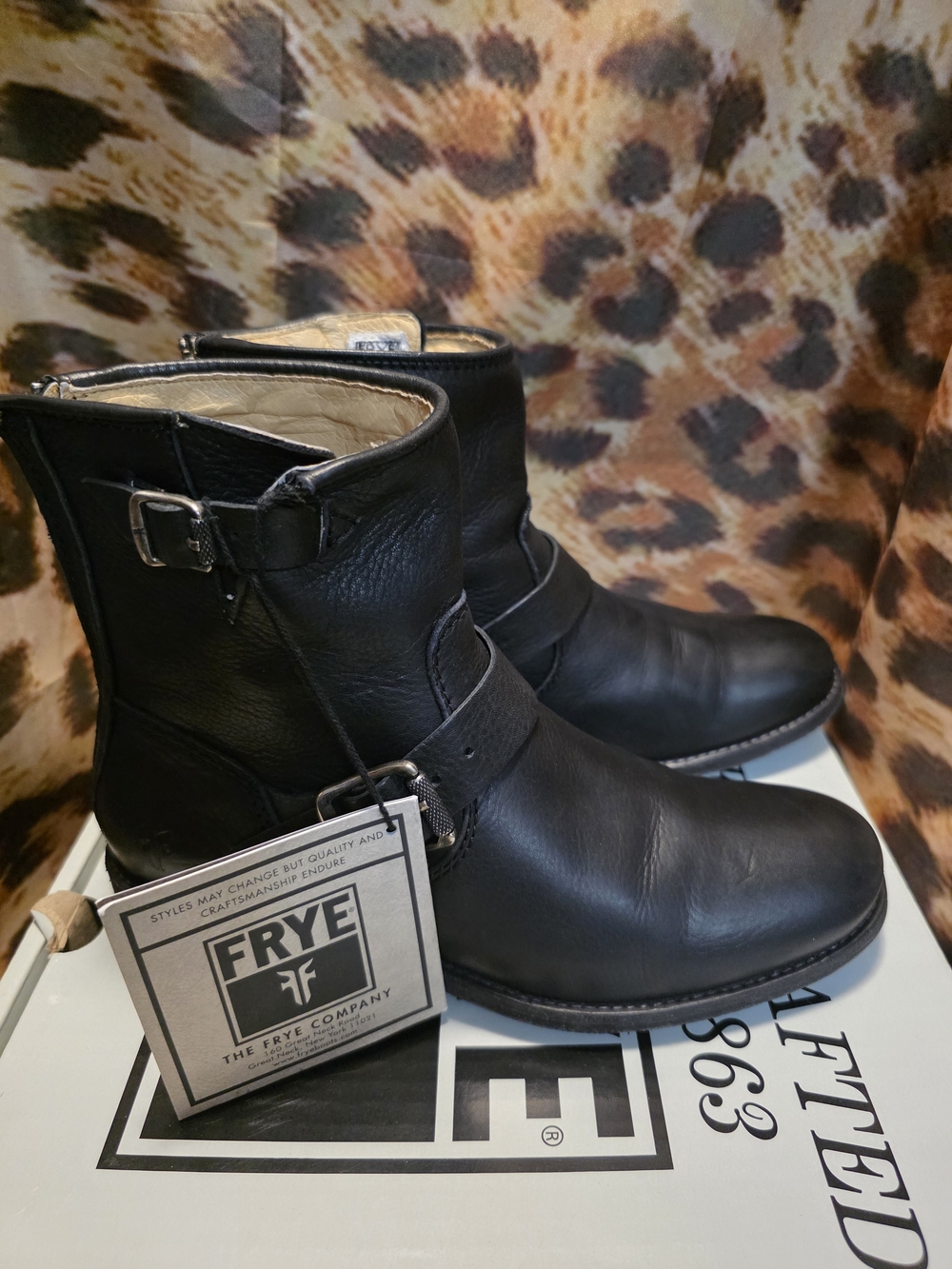 Frye TYLER ENGINEER Black Leather Buckle Back Zip Booties - Size 7.5